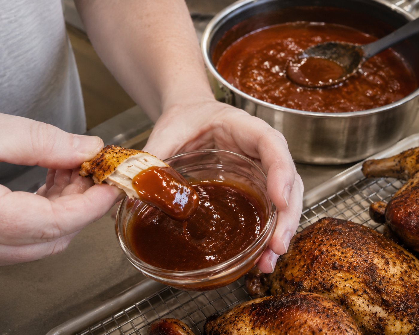 Dipping a piece of smoked chicken into a bowl of maple bourbon BBQ sauce, with the pot of sauce and the smoked chicken in the background