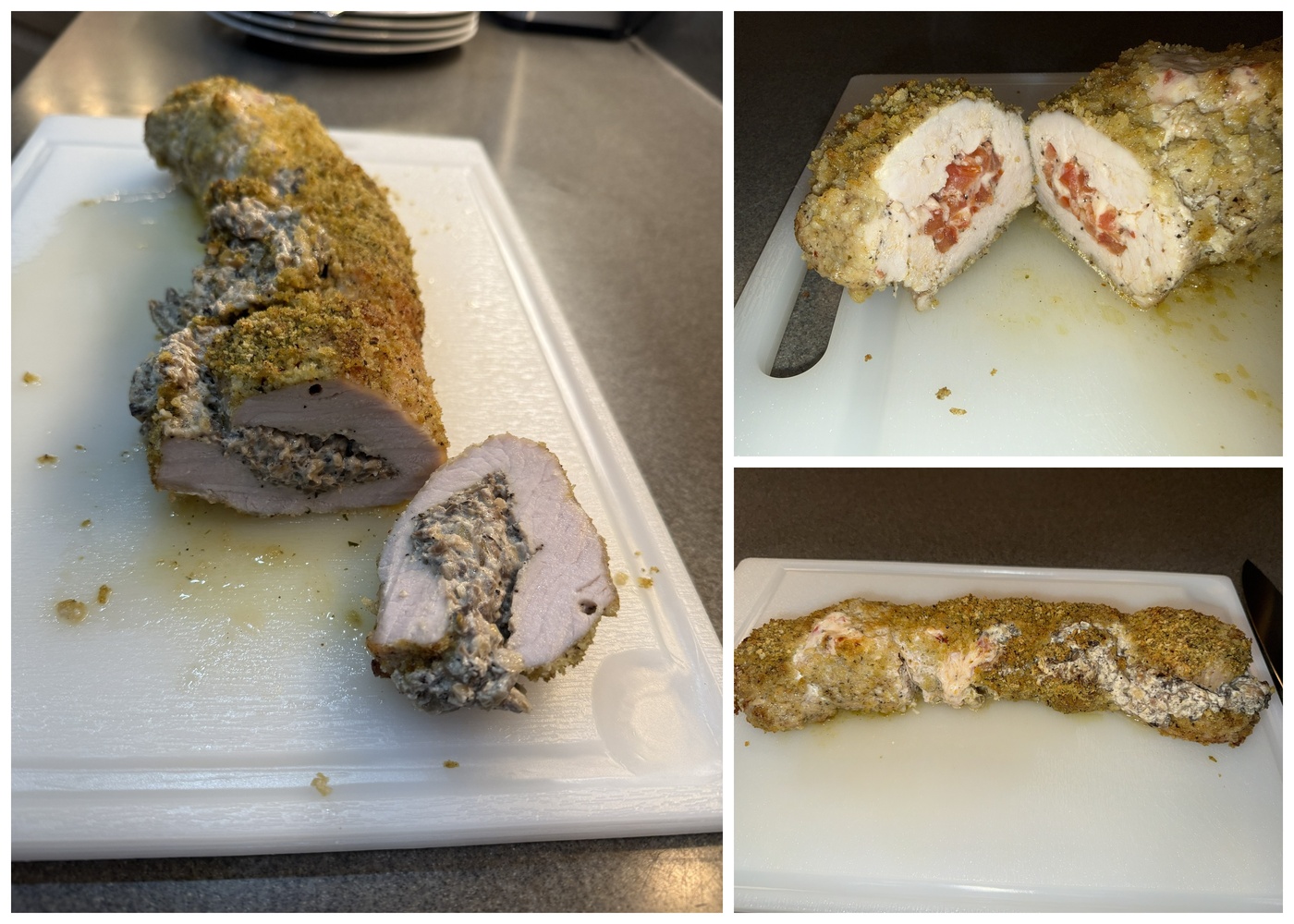 Sliced dual-stuffed pork loin roll showing mushroom duxelles and tomato-mozzarella filling side by side, with a breadcrumb crust
