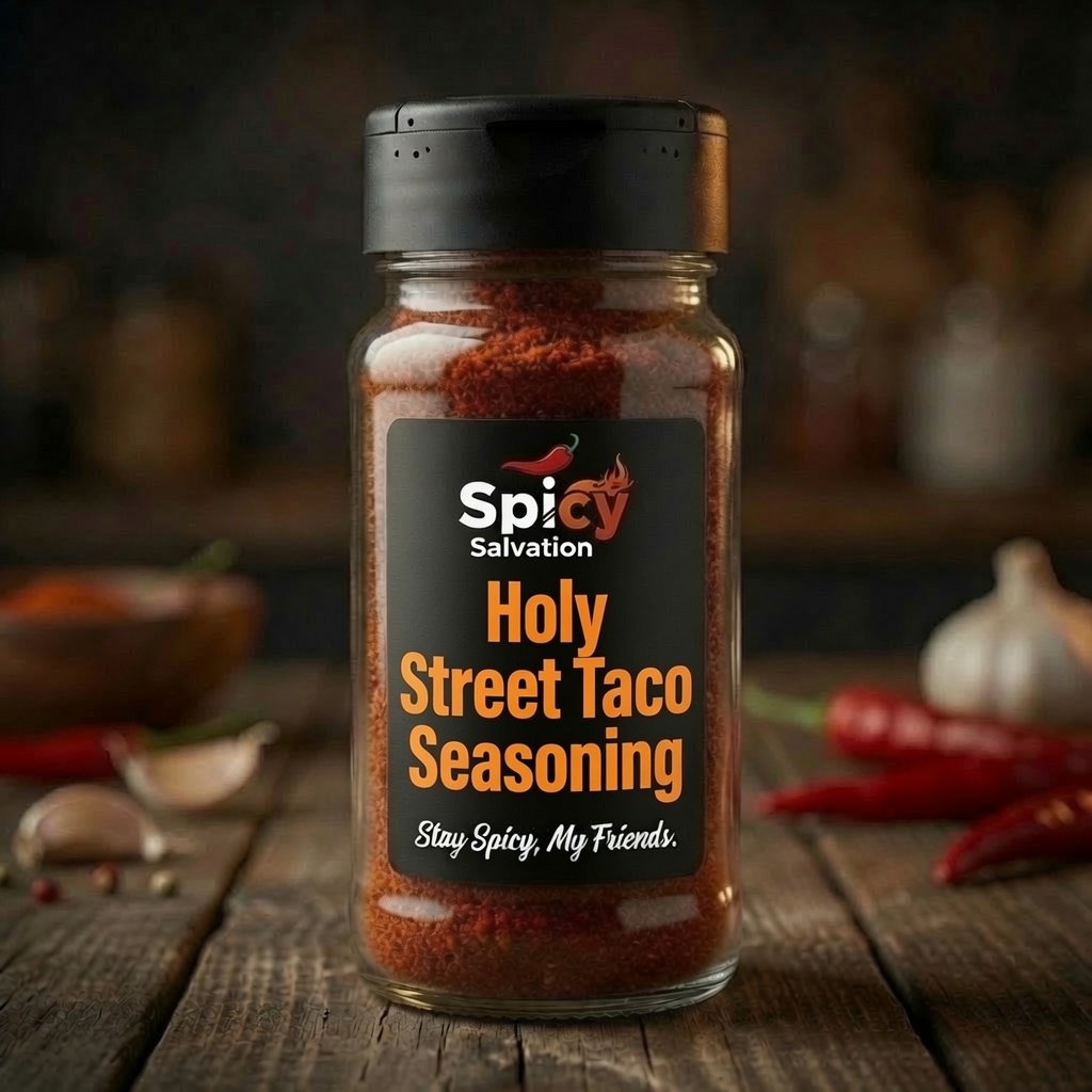 A jar of SpicySalvation Holy Street Taco Seasoning