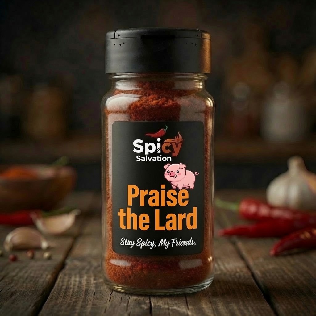 A jar of SpicySalvation Praise the Lard Rub