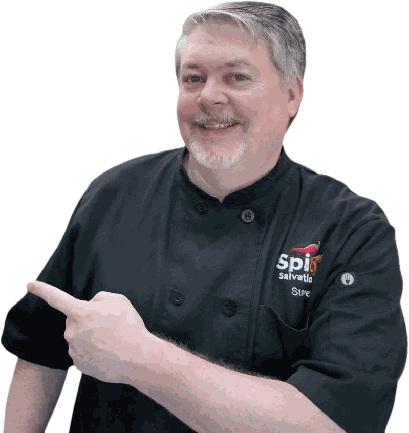 Steve, SpicySalvation's chef, pointing toward the recipes